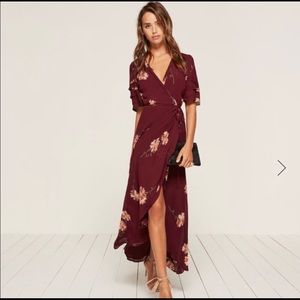 The Reformation Lottie Wrap Dress in Maroon & Pink Auburn Floral L